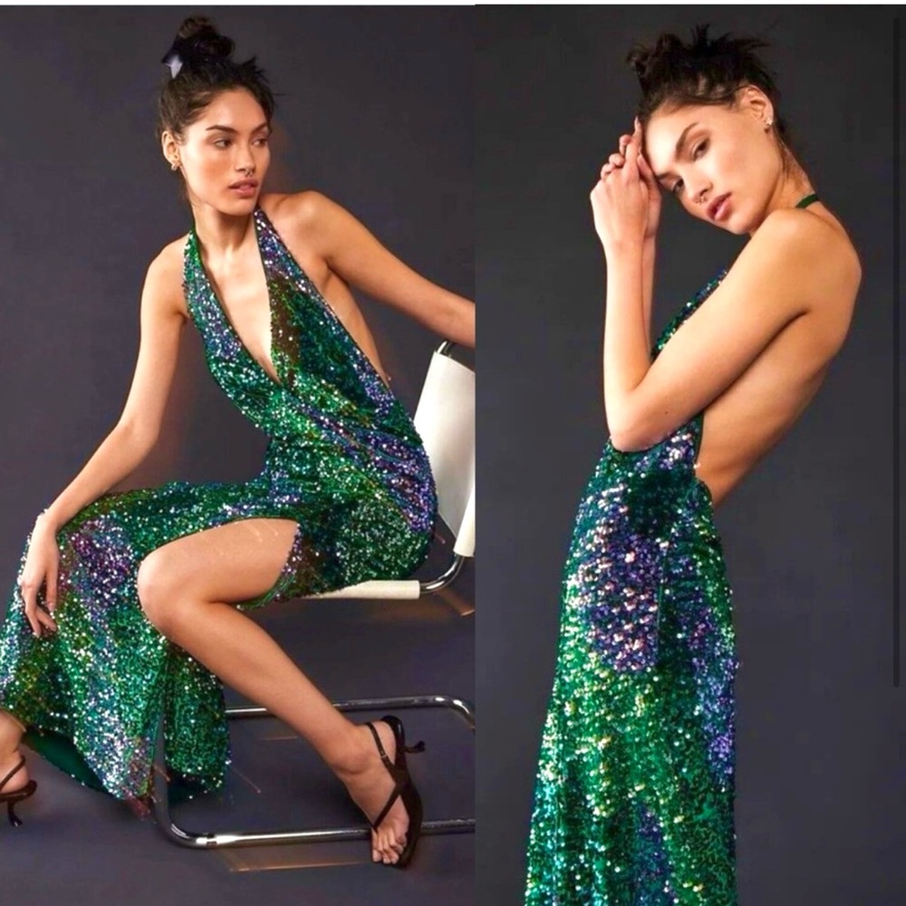 FREE PEOPLE Glitter & Gold Halter Sequin Midi Dress NEW Size S Green - Picture 11 of 15